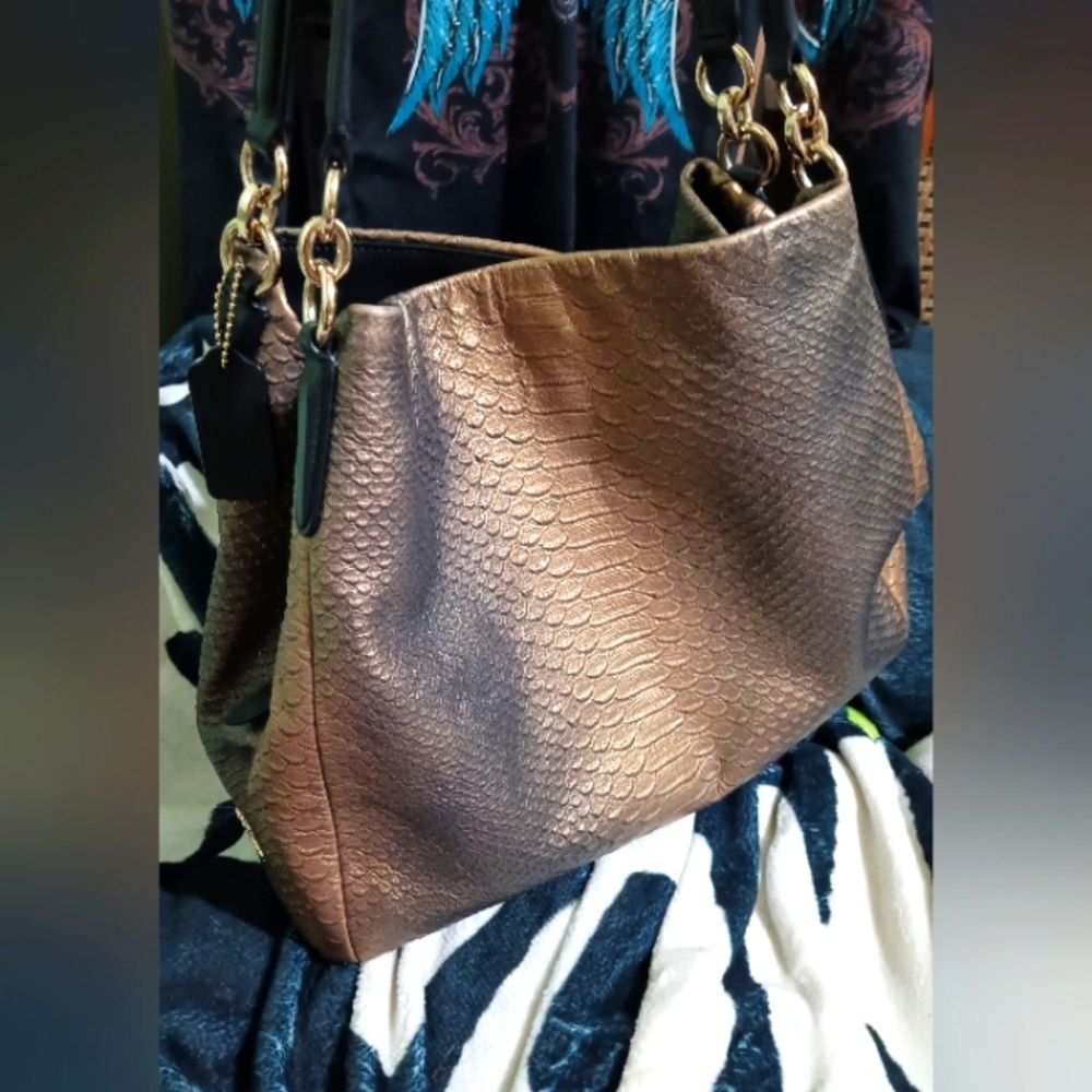 GORGEOUS Snakeskin Glittery Gold Coach Purse, Real Leather, Ombré Bright Gold